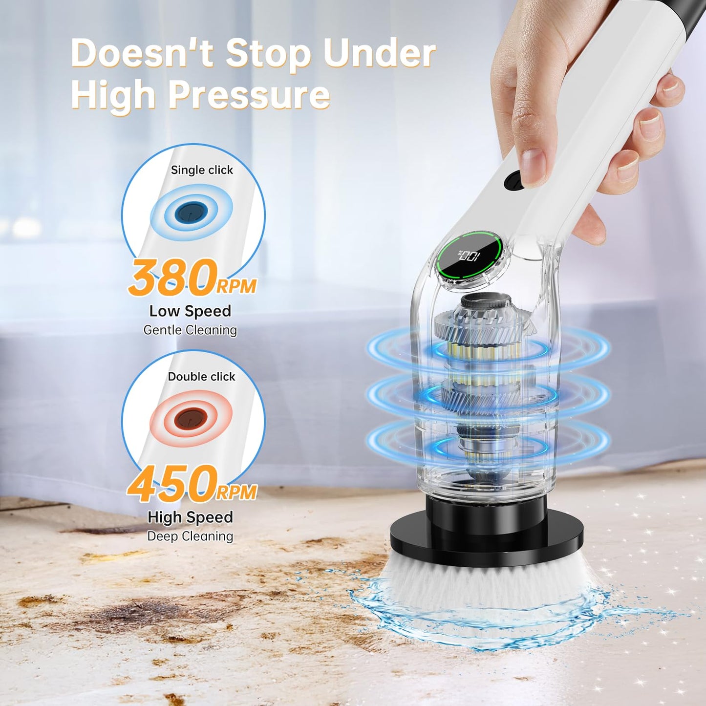 Electric Spin Scrubber, Cordless Shower Scrubber with 8 Scrub Brush, 2 Speed with Adjustable Extension Handle, Battery Level Display, Power Scrubber for Bathroom Kitchen Bathtub Tile Floor, Black