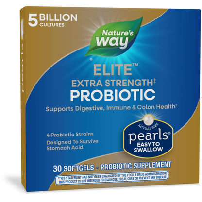 Nature's Way Elite Extra Strength Probiotic Pearls for Men and Women, Supports Digestive, Immune, Colon Health*, 5 Billion Live Cultures, No Refrigeration Required, 30 Softgels
