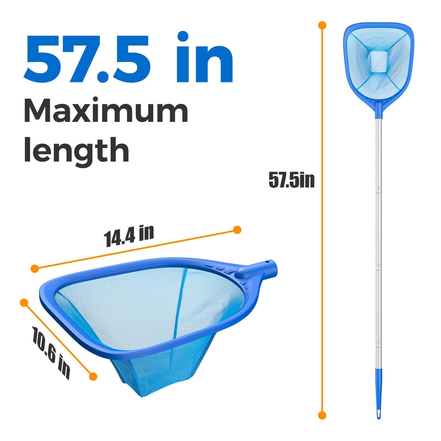 Mowend Swimming Pool Skimmer Net Total Length 57 inches, Leaf Rake Net with 4 Section Telescopic Aluminum Pole for Fast Cleaning Ponds, Hot Tub, and Spas, Pool Cleaner Supplies and Accessories