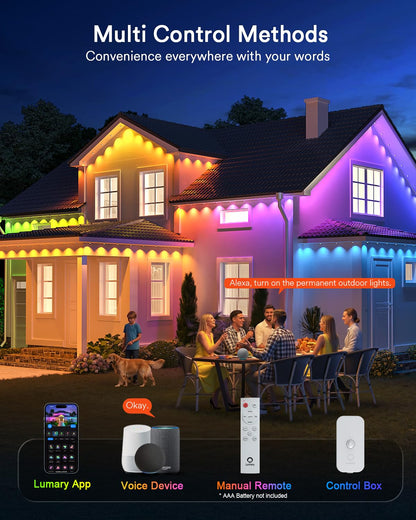 Lumary Permanent Outdoor Lights 2 with Remote, 200ft with 120 RGBAICW LEDs 7200lm for Daily & Accent Lighting, 110+ Scene Modes for Christmas Decor, IP67 Waterproof, Work with Alexa, Google, White