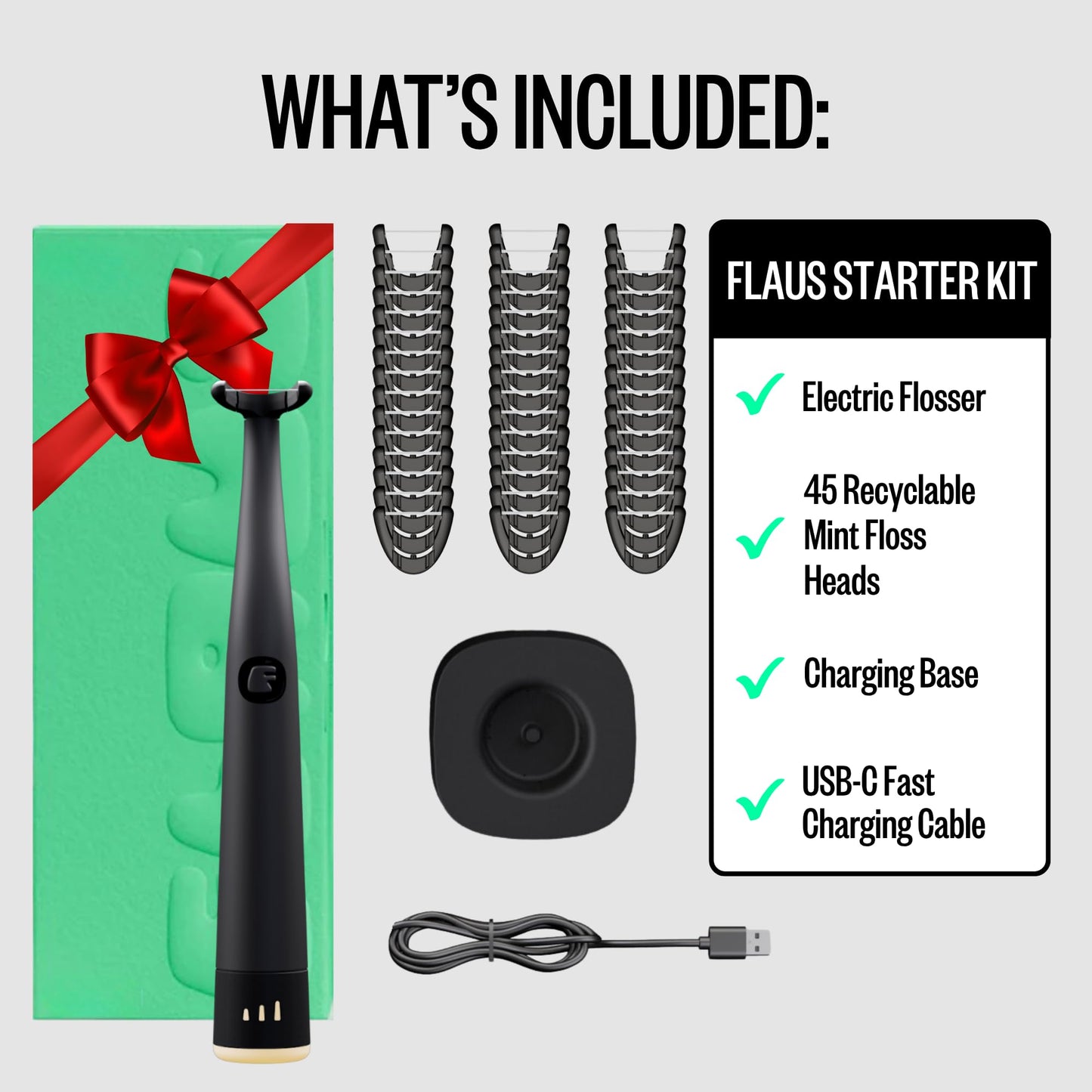 FLAUS Electric Flosser (Oprah's List, Shark Tank) 3 Speeds + 45 Refill Heads (Gentle Gliding Floss for Sensitive Gums) Water Flosser Alternative, Dentist Recommended Tooth Flossers Dental Floss Picks