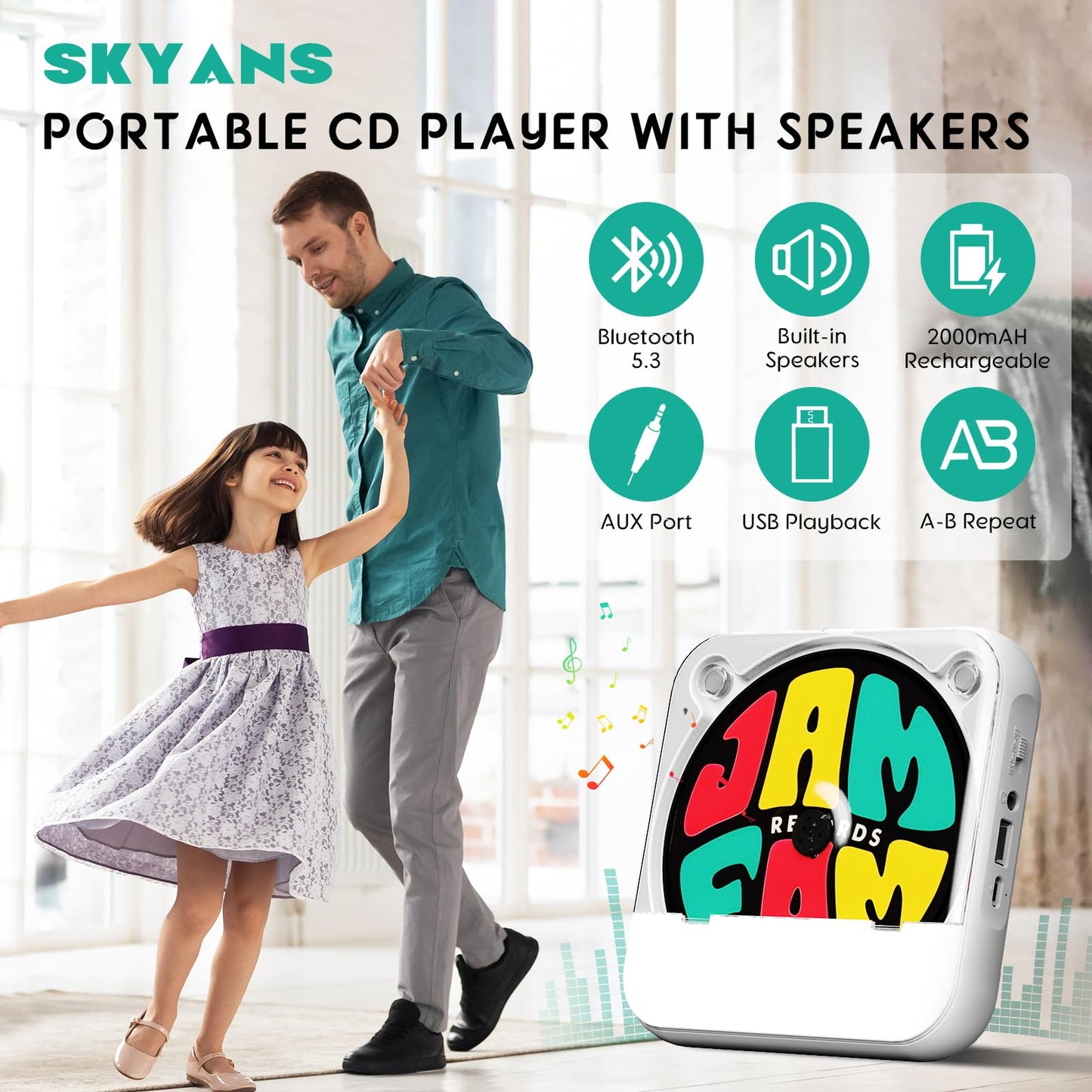 SKYANS Portable CD Player with Bluetooth 5.3, 2000mAh Rechargeable CD Players for Home/Car, Built-in HiFi Speaker, Headphones, LCD Screen, Supports CD/AUX/USB and Repeat Modes, White