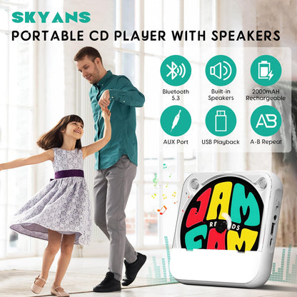 SKYANS Portable CD Player with Bluetooth 5.3, 2000mAh Rechargeable CD Players for Home/Car, Built-in HiFi Speaker, Headphones, LCD Screen, Supports CD/AUX/USB and Repeat Modes, White