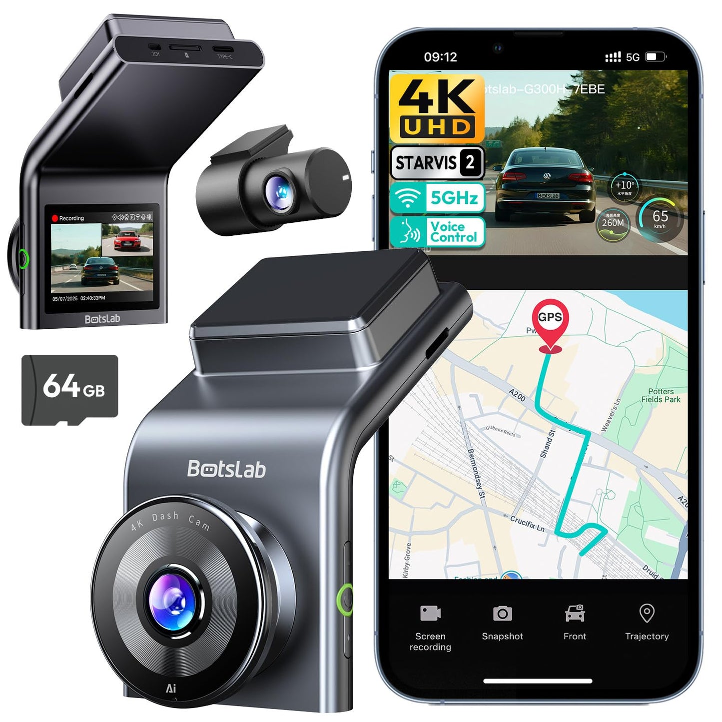 BOTSLAB 4K Dash Cam Front and Rear, STARVIS 2 Sensor, Voice Control, 64GB Card Included, 5GHz WiFi Dashcam Front and Rear Camera, Built in GPS, WDR Night Vision, 170°Wide Angle, 24H Parking Mode