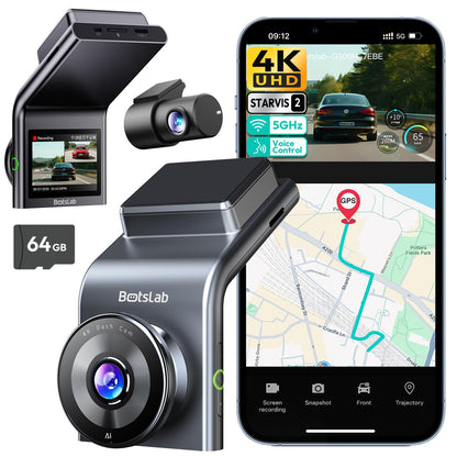 BOTSLAB 4K Dash Cam Front and Rear, STARVIS 2 Sensor, Voice Control, 64GB Card Included, 5GHz WiFi Dashcam Front and Rear Camera, Built in GPS, WDR Night Vision, 170°Wide Angle, 24H Parking Mode