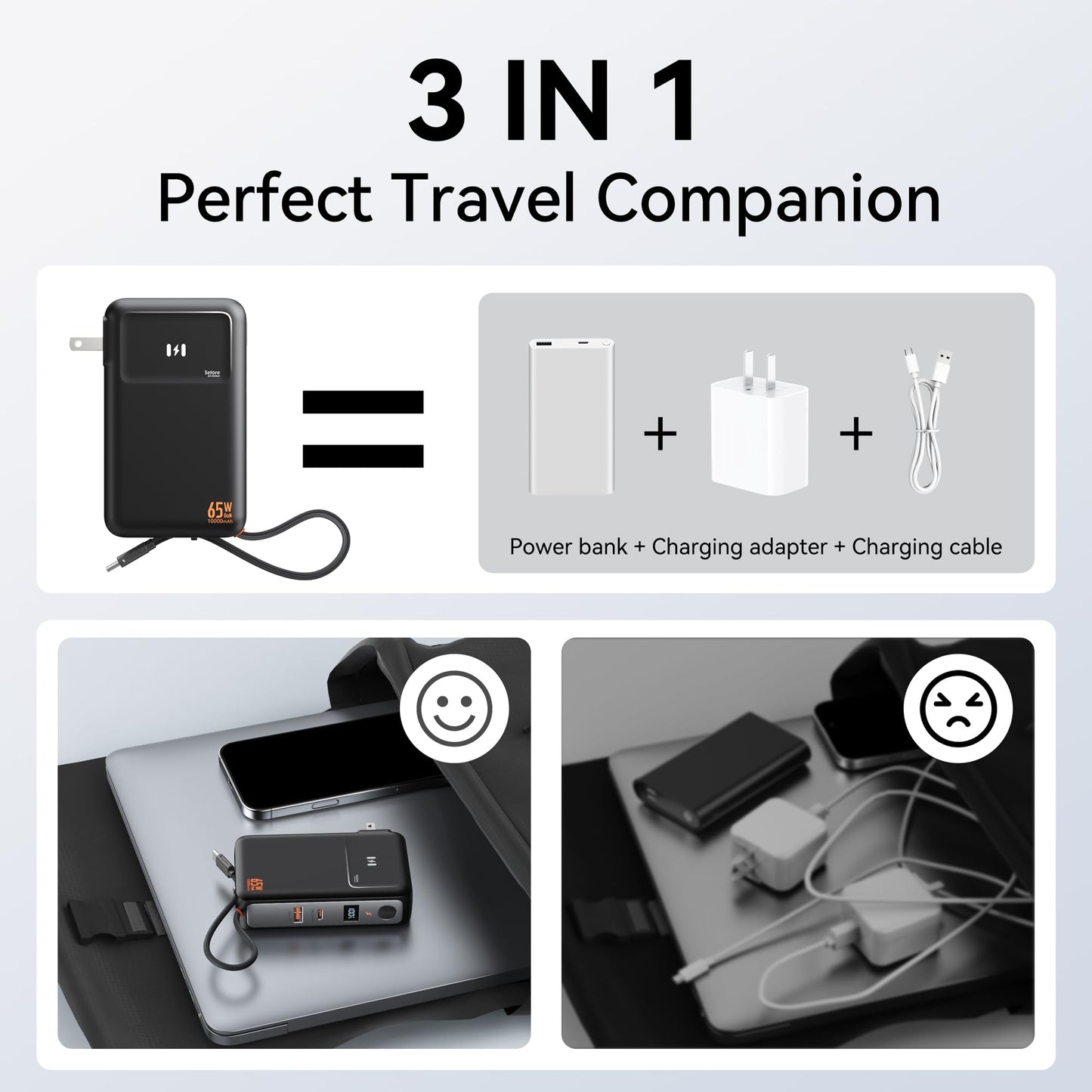 3 in 1 Portable Phone Charger 10000mAh, 35W Power Bank Wall Plug With Built in USB C Cable, 65W GaN Wall Charger for Laptop MacBook, Travel Battery Pack for iPhone Samsung Android Smartphone