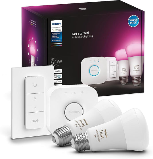 Philips Hue Smart Light Starter Kit - Includes (1) Bridge, (1) Dimmer Switch and (2) A19 LED Bulbs - White and Color Ambiance Color-Changing Light - 800LM - E26 - Control with App or Voice Assistant