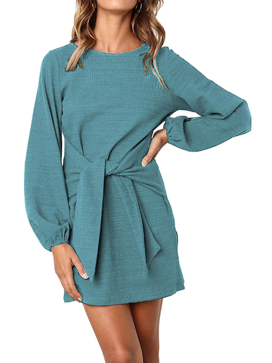 PRETTYGARDEN Women's Elegant Long Lantern Sleeve Short Dress Crewneck Tie Waist Knit Cocktail Dress (Blue Green,Small)