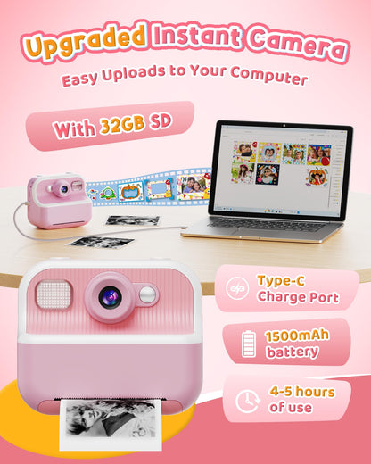 Instant Camera, Front Rear Dual Selfie Kids Camera with 1080P Videos, Holiday Birthday Gifts for Kids Age 3-12, Toddler Portable Travel Print Digital Camera Toy for 4 5 6 7 8 9 Year Boys Girls