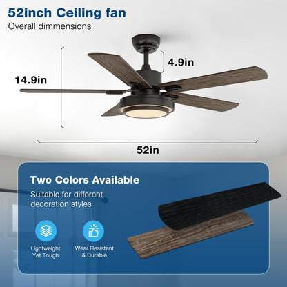 warmiplanet Ceiling Fans with Lights and Remote Control, 52 Inch, 6 Speeds Reversible DC Motor, 3 Color Dimmable Light, Timer, Noiseless, Black, 5 Blades