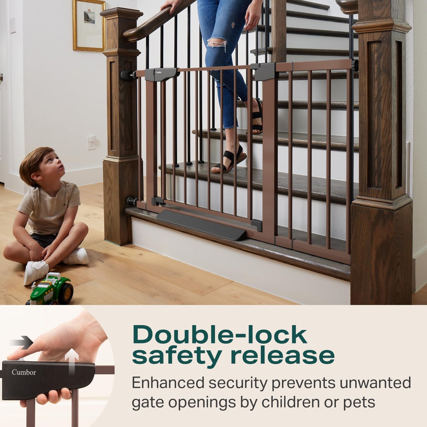 Cumbor 29.7-46" Baby Gate for Stairs, Mom's Choice Awards Winner-Auto Close Dog Gate for the House, Easy Install Pressure Mounted Pet Gates for Doorways, Easy Walk Thru Wide Safety Gate for Dog, Brown