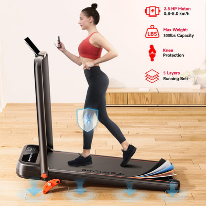 RHYTHM FUN Incline Foldable Treadmill, Walking Pad Treadmill with Incline, 300 lbs Portable Treadmills with Handles for Home Office Use, Under Desk Compact Walking pad with LED Display & APP