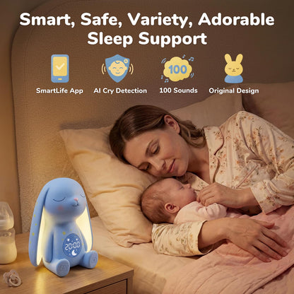 Mom's Choice Awards丨Bunny White Noise Sound Machine Baby for Sleep- AI Cry Detection, 100 Soothing Sounds, 5-Year APP Access Included, Easter Gifts for Baby, Night Light & Sleep Trainer, New Mom Gift