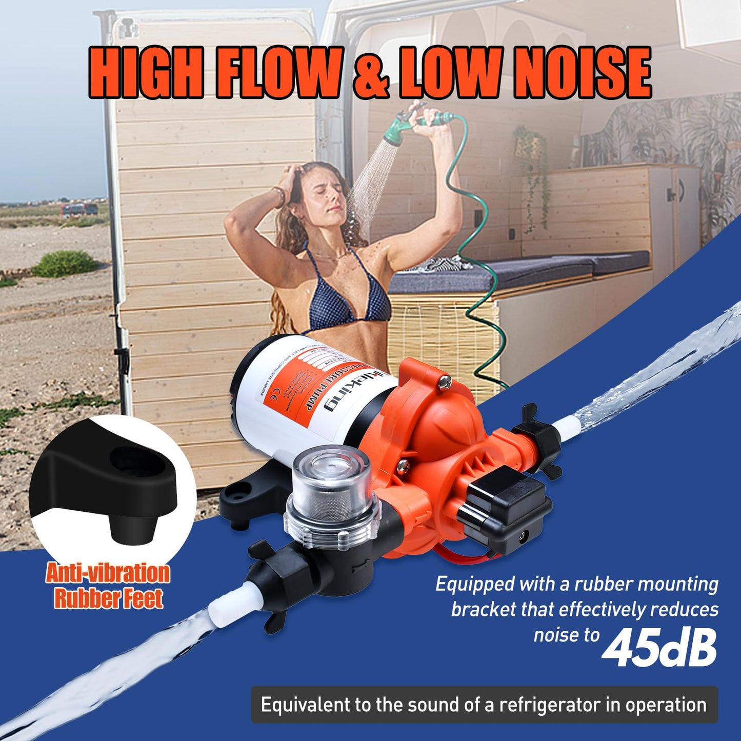 CYKLEKING 12V DC Water Pressure Pump,3.5GPM 45PSI Quiet On Demand RV Water Diaphragm Pump 12 Volt Self Priming Ideal for Camper,Boat,Marine,Travel Trailer,Washdown,Rain Barrel,Outdoor Shower