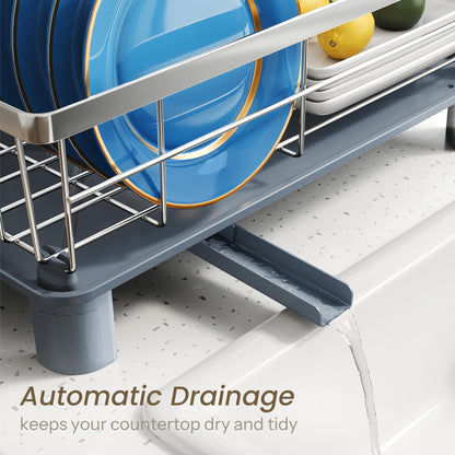 SNTD Dish Drying Rack - Small Dish Rack for Kitchen Counter, Stainless Steel Dish Drainer with Utensil Holder and Drainboard, 11" W x 15" L (Silver)