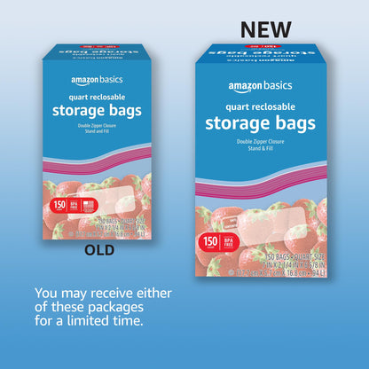 Amazon Basics Reclosable Quart Food Storage Bags, BPA Free, 150 Count