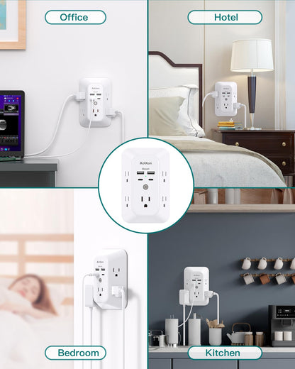 Addtam USB Wall Charger Surge Protector, 5 Outlet Extender with 4 USB Charging Ports 3 Sided 1800J Power Strip Multi Plug Outlets, Wall Adapter Spaced for Home Office, PD 20W