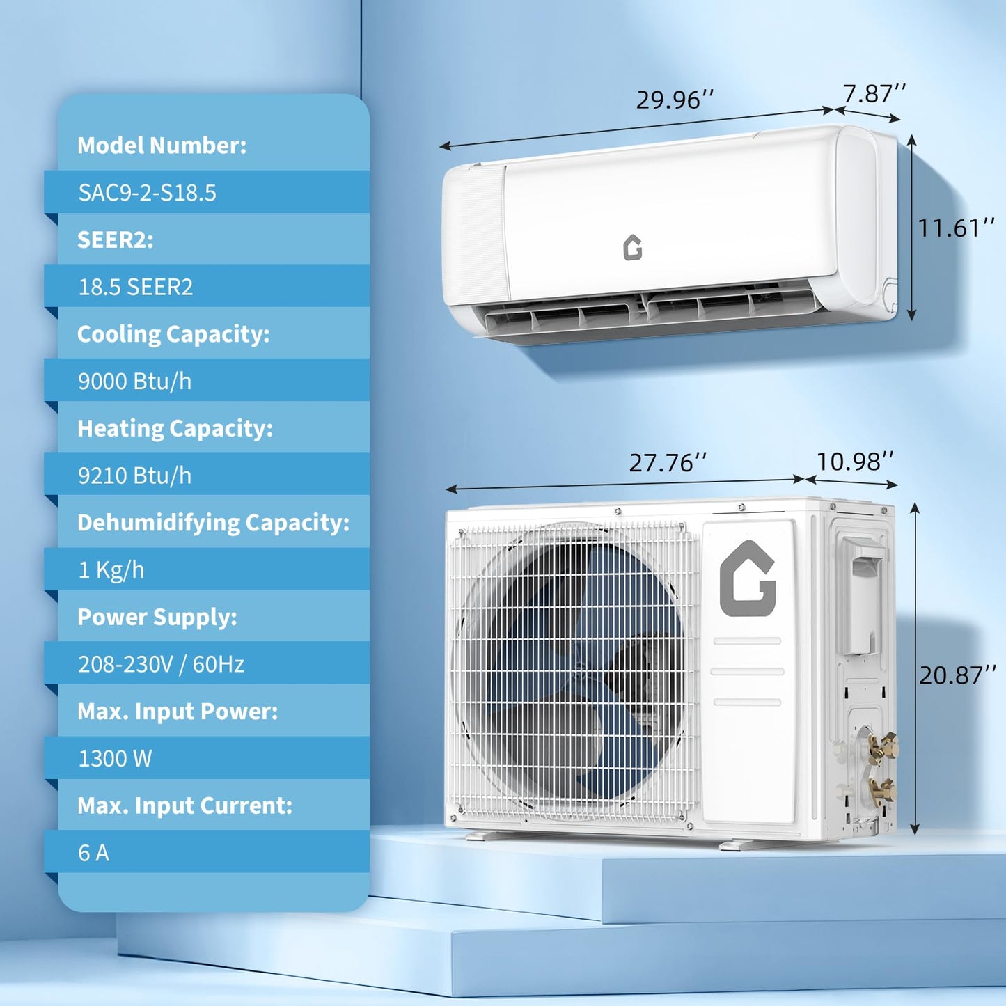 9000 BTU Mini Split AC w/Remote Control19 SEER2 Cools Up to 450 Sq. Ft,Ductless Inverter Mini Split System w/0.75 Ton Heat Pump Pre-Charged & Installation Kit, Ultra-Quiet