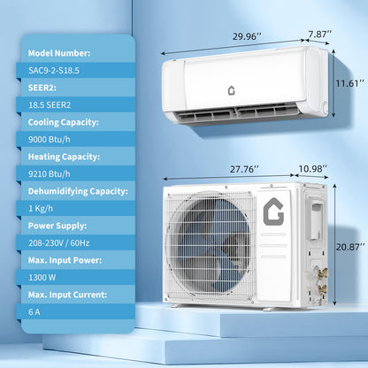 9000 BTU Mini Split AC w/Remote Control19 SEER2 Cools Up to 450 Sq. Ft,Ductless Inverter Mini Split System w/0.75 Ton Heat Pump Pre-Charged & Installation Kit, Ultra-Quiet