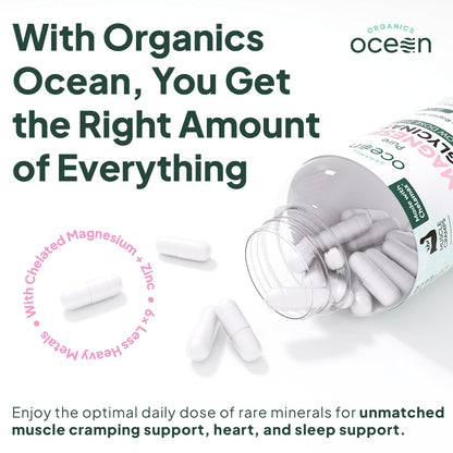 Organics Ocean Pure Magnesium Glycinate with Zinc - Maximum Strength Chelated Magnesium Supplement for Women and Men for Muscle Cramps and Sleep Support - 90 Capsules