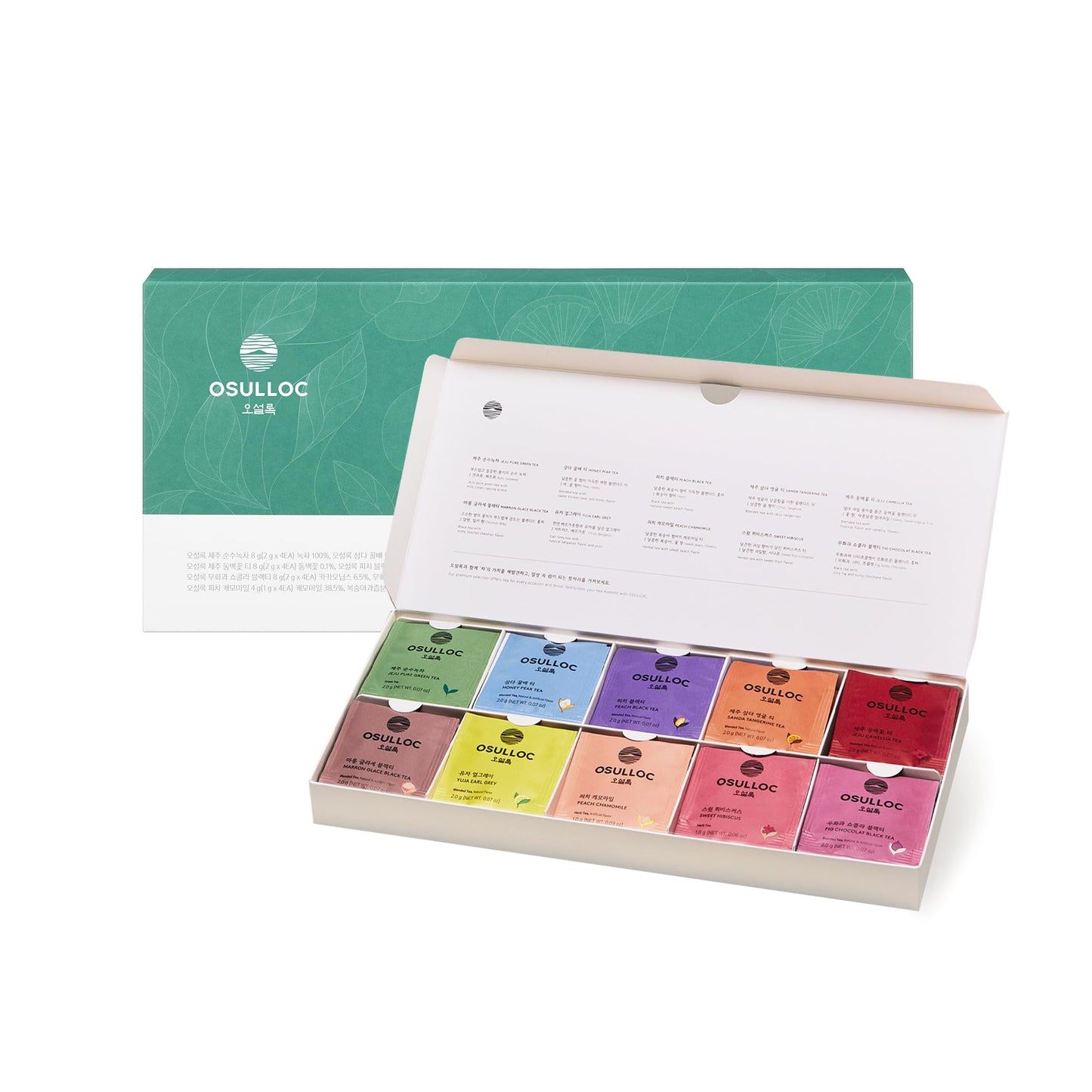 OSULLOC Premium Tea Collection (40 count, 10 flavors x 4 ea), Assorted Tea bag Sampler, Premium Organic Pure & Blended Self Care Gift Set box from Jeju for Tea lovers