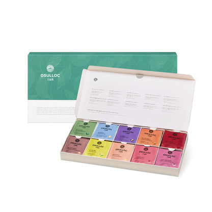 OSULLOC Premium Tea Collection (40 count, 10 flavors x 4 ea), Assorted Tea bag Sampler, Premium Organic Pure & Blended Self Care Gift Set box from Jeju for Tea lovers