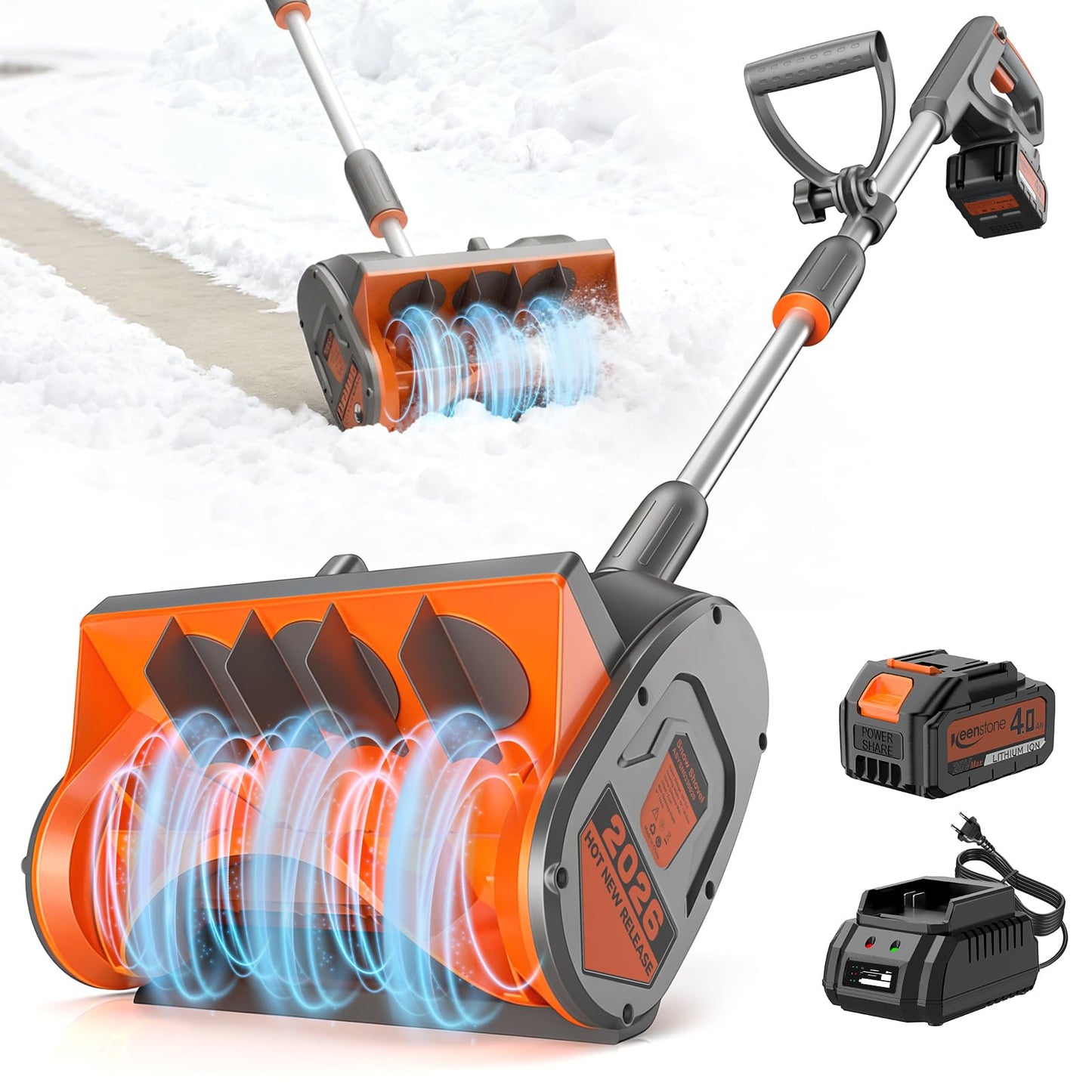 Keenstone 12" Cordless Electric Snow Shovel, Handles 8" Deep Snow, 21V 4.0Ah Battery & Charger, Brushless Motor, Clears 300 lbs/Min, 10 ft Throw, 8 lb Lightweight Snow Blower for Seniors & Homeowners