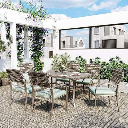 Pamapic Patio Dining Set, 7 Piece, Outdoor Wicker Furniture Set for Backyard Garden Deck Poolside/Iron Slats Table Top, Removable Cushion, Green