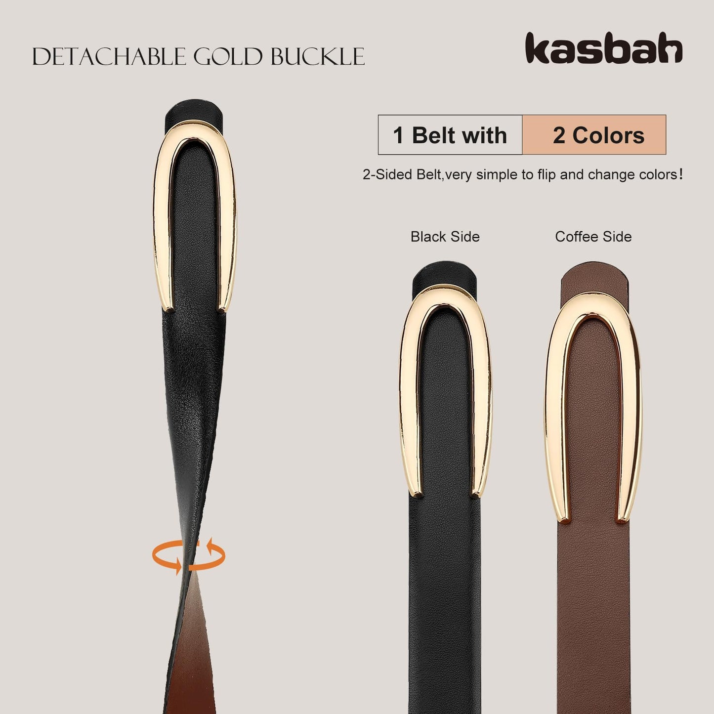 KASBAH Reversible Leather Belts For Women with Gold Buckle Fashion 2-Sided Belt Ladies Waist Belt for Jeans Dresses Pants
