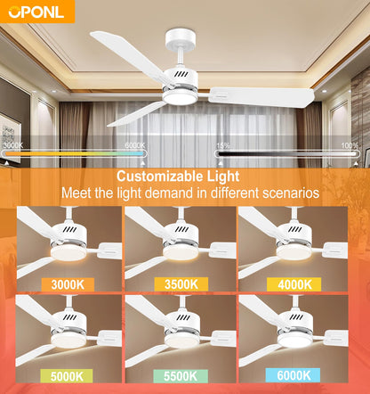OPONL White Ceiling Fan with Light 52inch, Low Profile, Remote Control, Downrod Mount, Noiseless, Reversible, 6CCT, Dimmable, 6 speeds, Timeable, Ceiling Fans with Lights for Living Room, MDF