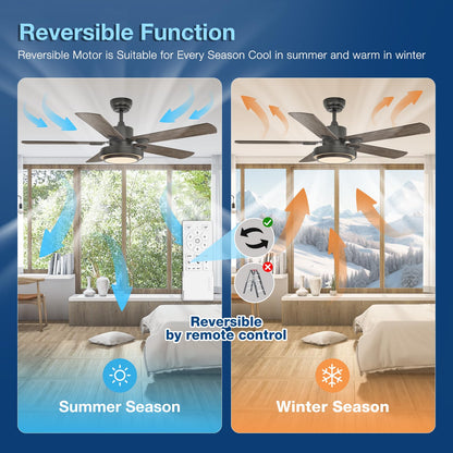 warmiplanet Ceiling Fans with Lights and Remote Control, 52 Inch, 6 Speeds Reversible DC Motor, 3 Color Dimmable Light, Timer, Noiseless, Black, 5 Blades