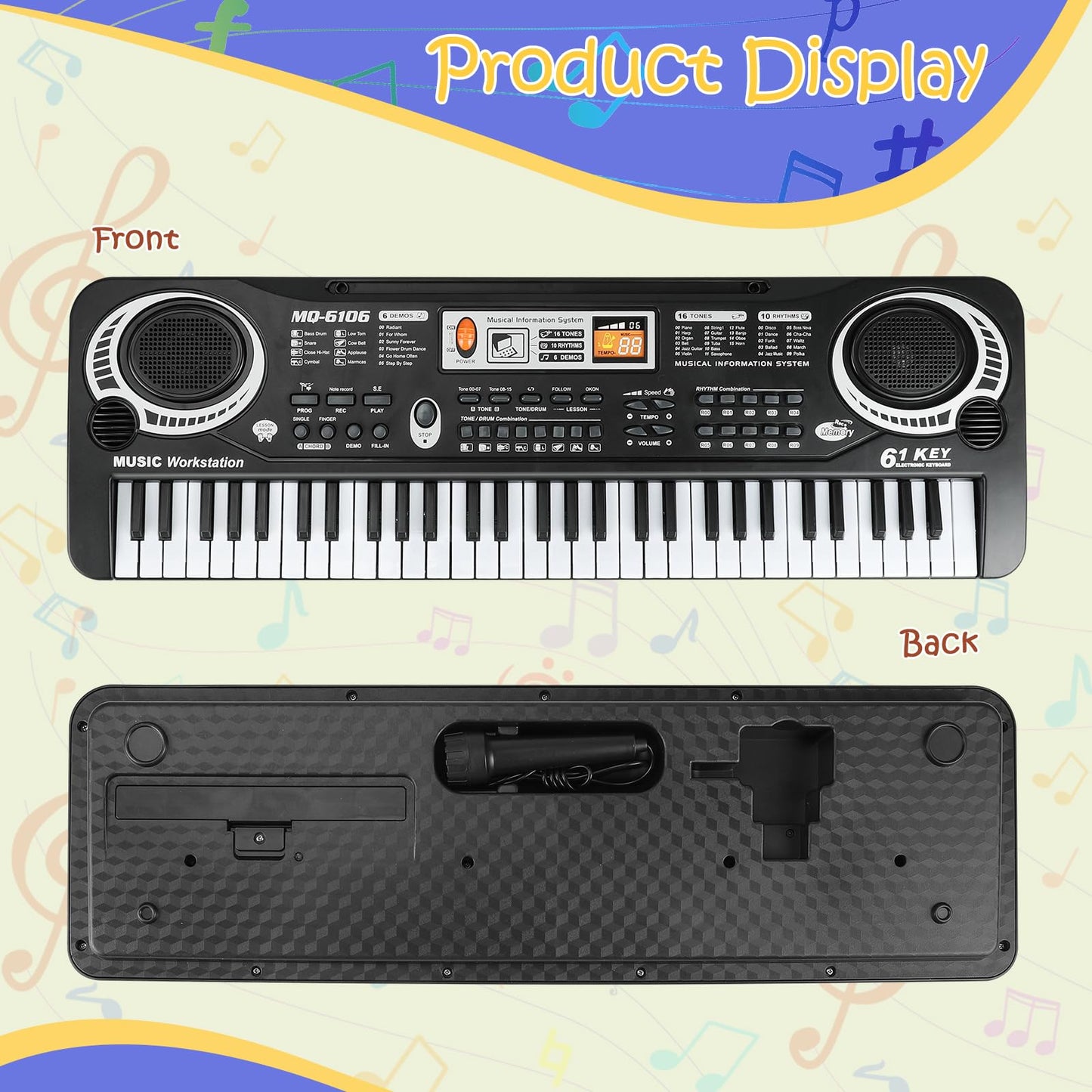61 Key Piano Keyboard, Beginner Electronic Keyboard for Kids with Teaching Mode, 6 Demo Songs, 16 Tones, Microphone and Power Supply, Kids Piano Keyboard for Birthday Gift