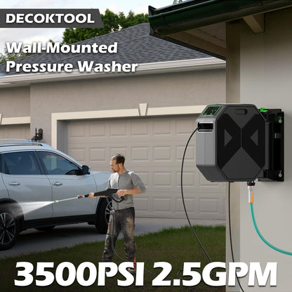 DECOKTOOL Wall Mounted Pressure Washer - 3500 PSI, 2.5 GPM Electric Power Washer with 100FT Retractable Hose, 5-Stage Adjustable Pressure, Foam Cannon and 5 Nozzles for Car, Driveway, Patio Cleaning