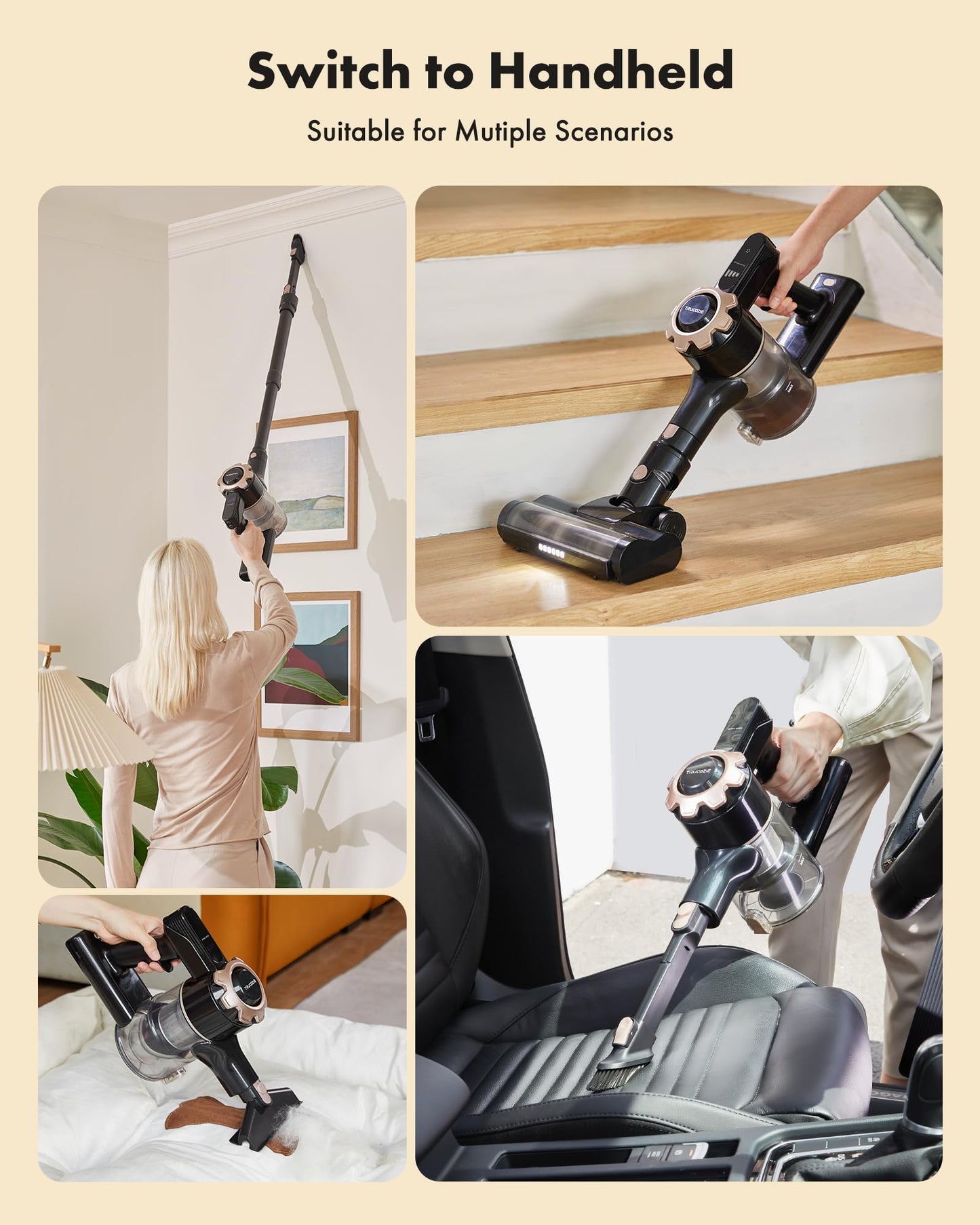 Trucozie Cordless Vacuum Cleaner, 8-in-1 Lightweight Stick Vacuum with 45mins Runtime, Powerful Suction, Rechargeable Cordless Vacuum for Carpet, Tile, Pet Hair, Hardwood Floors, Black