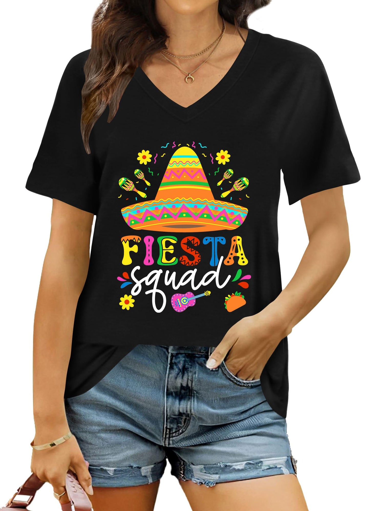 QAUN Cinco De Mayo Shirts for Women: Mexican V Neck Tshirt Let's Fiesta Tops Sombrero May 5th Tees(Black2, XX-Large)