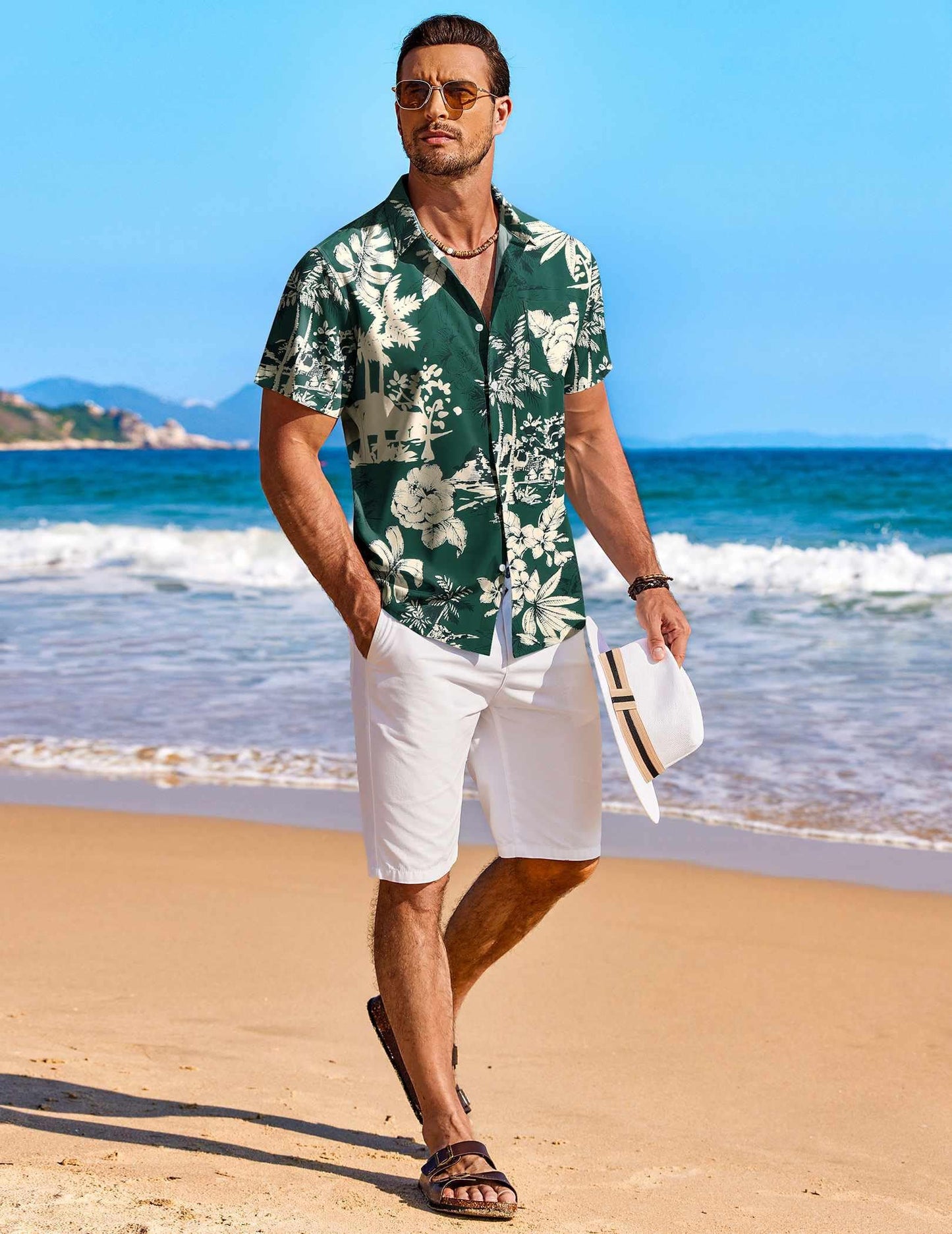 COOFANDY Men's Short Sleeve Hawaiian Shirts for Men Casual Button Down Shrts Summer Beach Shirts, Green - Palm Tree, 4X-Large