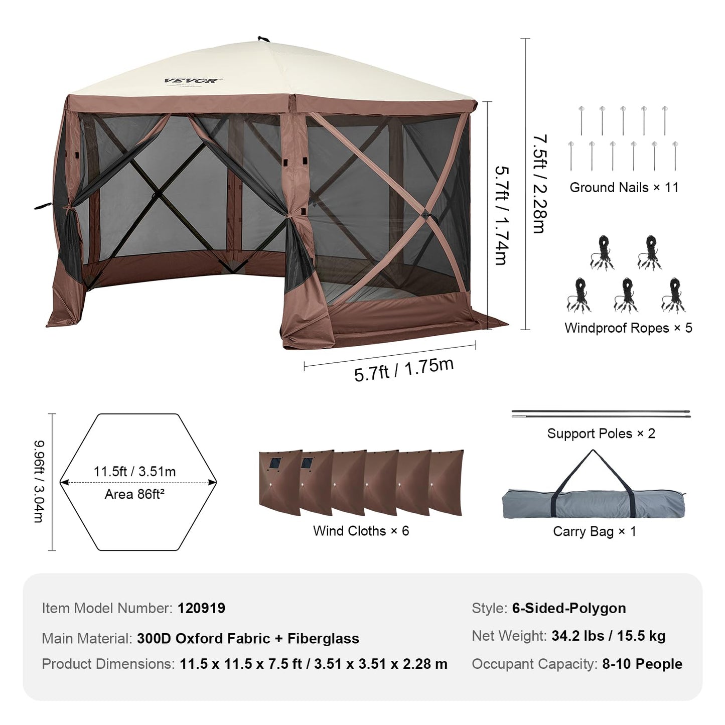 VEVOR Pop Up Gazebo Screen Tent 6 Sided Canopy Sun Shelter with 6 Removable Privacy Wind Cloths & Mesh Windows, 11.5x11.5FT Quick Set Screen Tent with Mosquito Netting, Brown