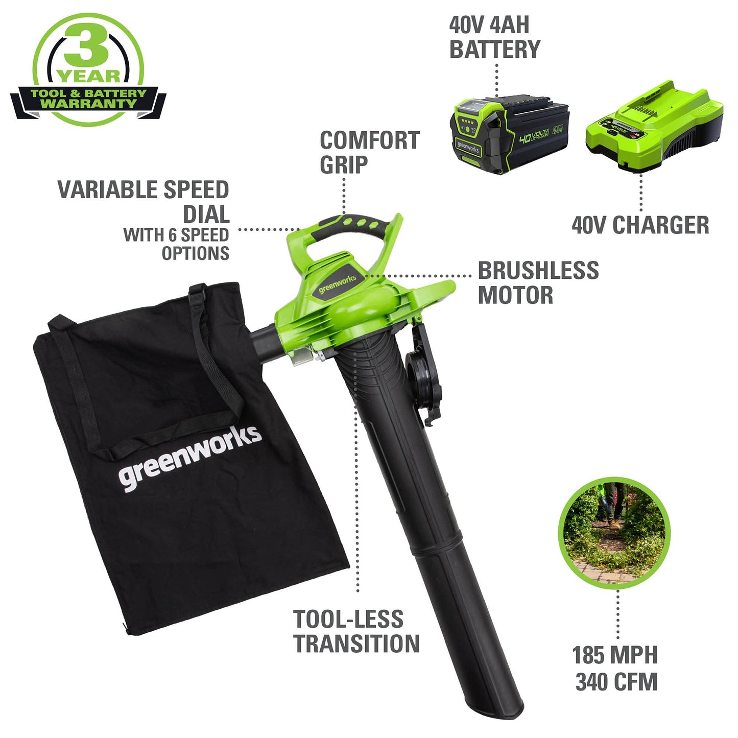 Greenworks 40V (185 MPH / 340 CFM / 75+ Compatible Tools) Cordless Brushless Leaf Blower / Vacuum, 4.0Ah Battery and Charger Included