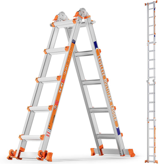 LEVELEVE 17FT Extension Ladder,A Frame 5 Step Ladder with Stabilizer Bar & Wheels,330 lbs Security Load Multi Position Ladder for Stairs Home Indoor Outdoor Roof