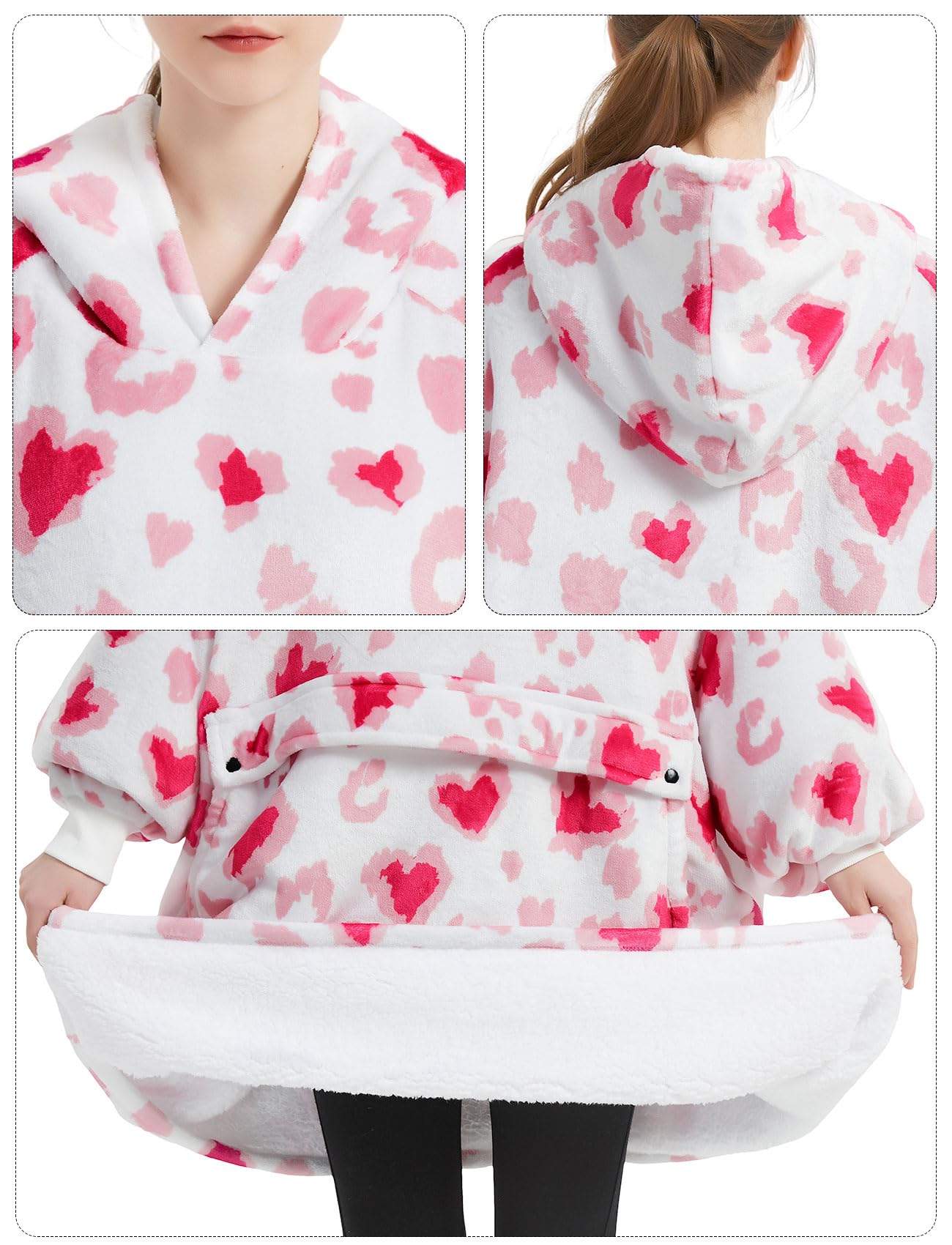 KFUBUO Wearable Blanket Hoodie for Adult Sherpa All Patterns Heart Oversized Hoodie Sweatshirt Blanket with Pockets Valentine Gifts for Her