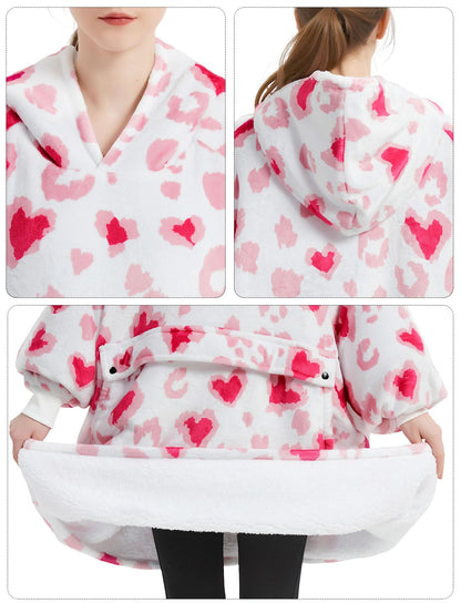 KFUBUO Wearable Blanket Hoodie for Adult Sherpa All Patterns Heart Oversized Hoodie Sweatshirt Blanket with Pockets Valentine Gifts for Her