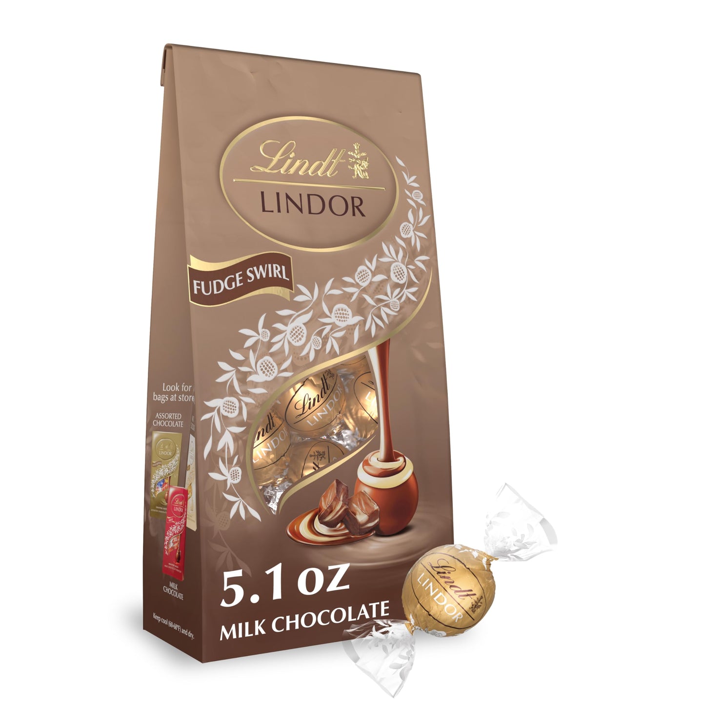 Lindt LINDOR Fudge Swirl Milk Chocolate Truffles, Milk Chocolate Candy with Smooth, Melting Truffle Center, Great for gift giving, 5.1 oz. Bag (6 Pack)