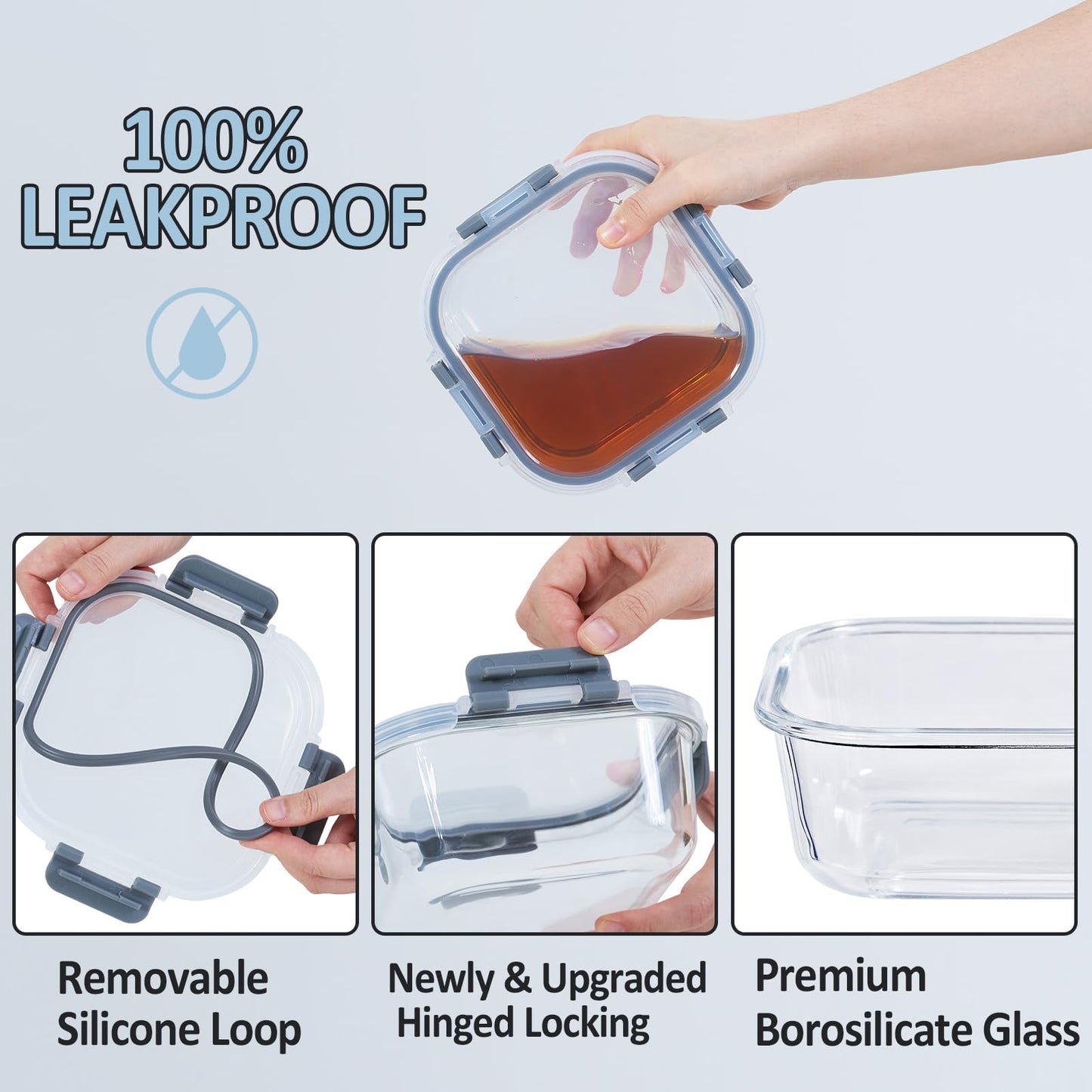 ROSOS Glass Food Storage Containers with Lids Upgraded Airtight, 4 Pack Glass Storage Containers with Lids, Not Easy Broken & Leak Proof, Glass Containers with Lids for Oven/Dishwasher Safe, Grey