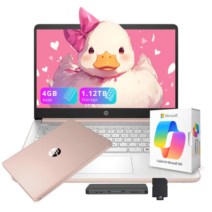 HP Flagship 14" HD Student&Business Laptop with AI Copilot, 13th Gen Intel 4-Core, 4GB RAM, 1.12TB Storage (128GB UFS + 1TB Docking Station), 1 Year Office 365, Wi-Fi 6, Win 11 S, Pale Rose Gold