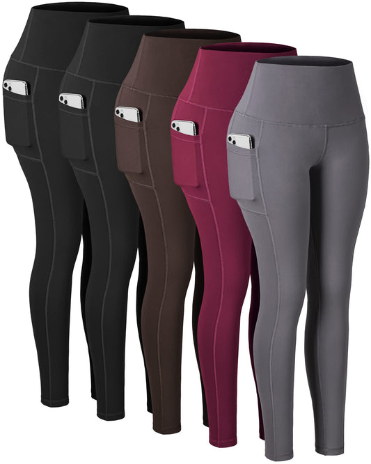 CHRLEISURE Leggings with Pockets for Women, High Waisted Tummy Control Workout Yoga Pants(5 Packs 2Black,Gray,Brown, Burgundy, L)