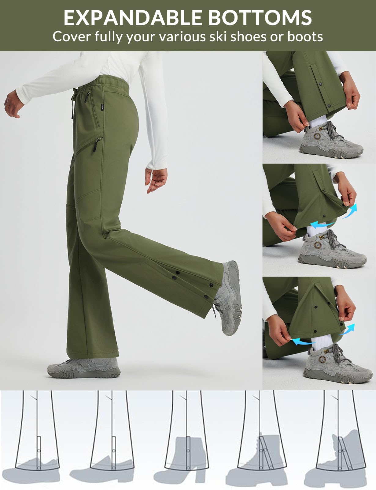 baleaf Women's Snow Ski Pants Waterproof Hiking Fleece Lined Pants Pockets Thermal Warm Insulated Softshell Army Green M