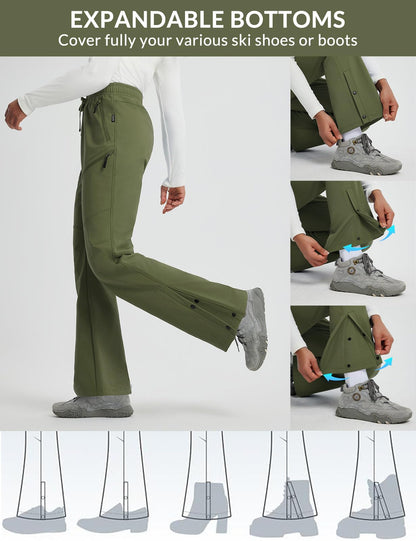 baleaf Women's Snow Ski Pants Waterproof Hiking Fleece Lined Pants Pockets Thermal Warm Insulated Softshell Army Green M