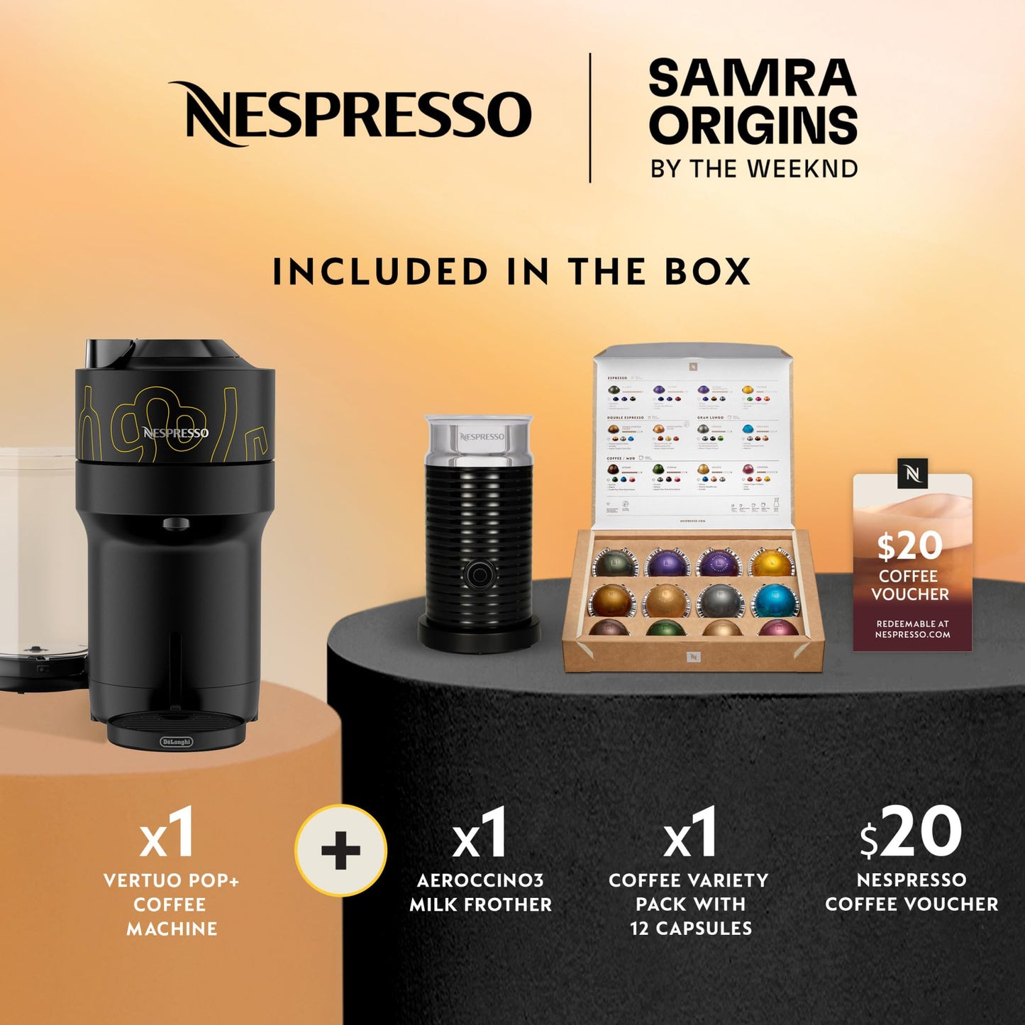 Nespresso Vertuo Pop+ Coffee and Espresso Maker by De'Longhi, Samra Origins by The Weeknd Vertuo Buna Yellow Aeroccino3 milk frother