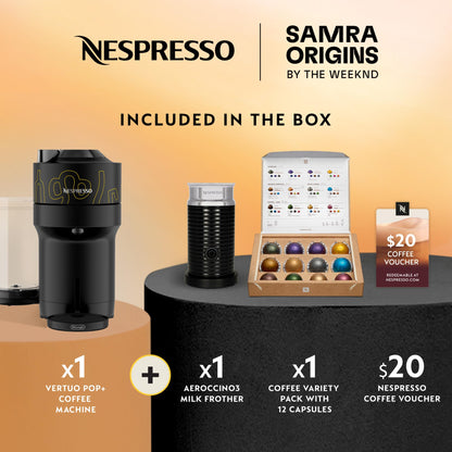 Nespresso Vertuo Pop+ Coffee and Espresso Maker by De'Longhi, Samra Origins by The Weeknd Vertuo Buna Yellow Aeroccino3 milk frother