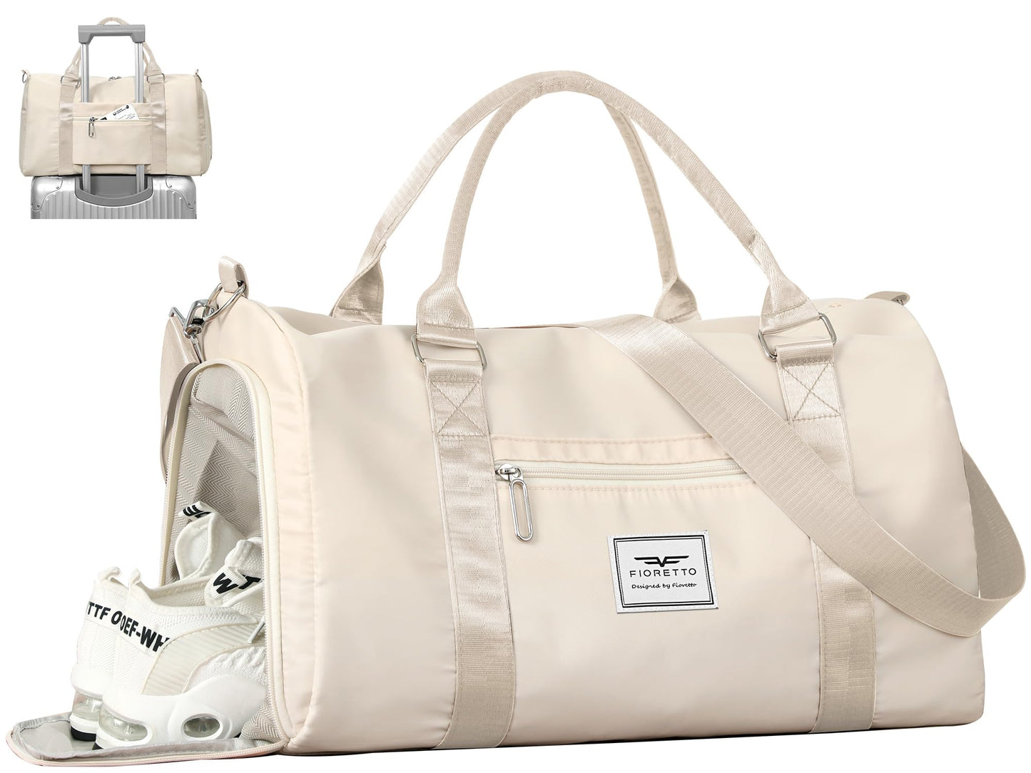 FIORETTO Womens Gym Tote Duffle Bag with Wet Pocket & Shoe Compartment, Sports Duffel Overnight Weekender Hospital Workout Carry on Bag for Girls, Ideal for Travel, Swimming, Dance, Ballet Beige